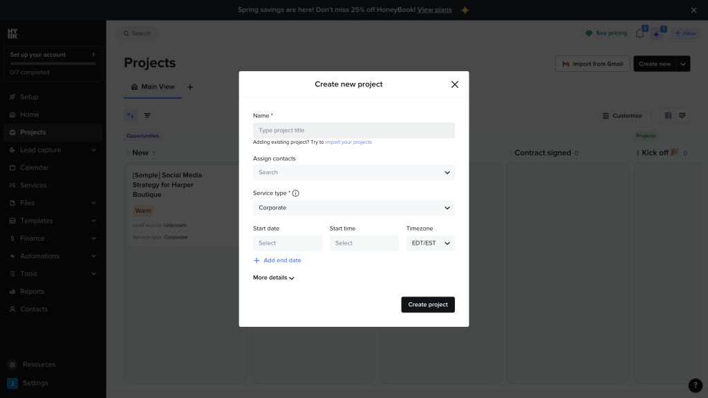 HoneyBook create menu showing document and workflow options