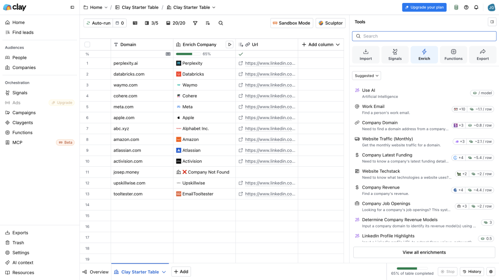 Clay tools panel and enrichment workflow