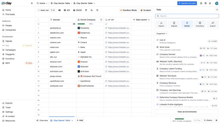 Clay backend tools panel and enrichment workflow