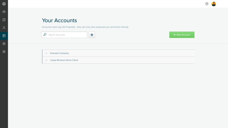 Proposify accounts list with Josep Reviews demo client