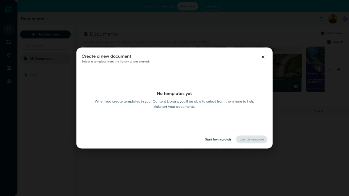 Proposify new document dialog