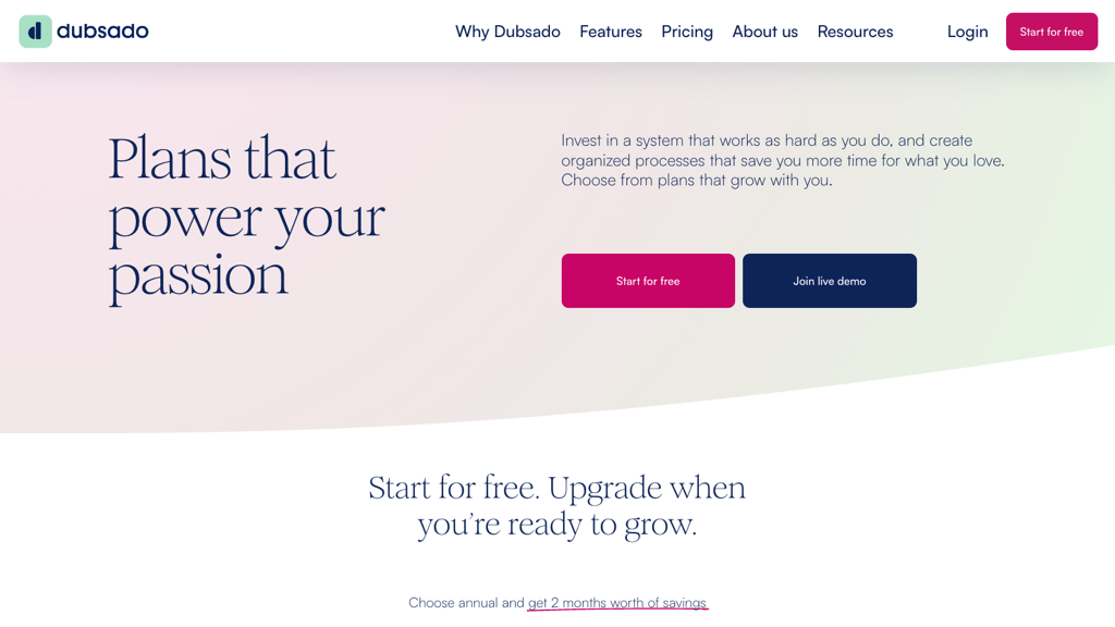 Dubsado pricing page showing plan features