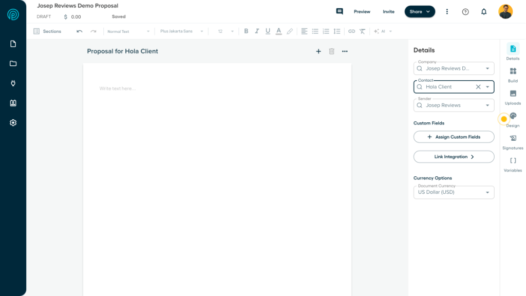 Proposify proposal editor with draft assigned to Hola Client