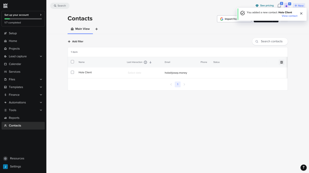 HoneyBook contact profile for a saved demo client