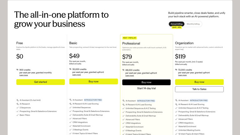 Apollo pricing plan cards