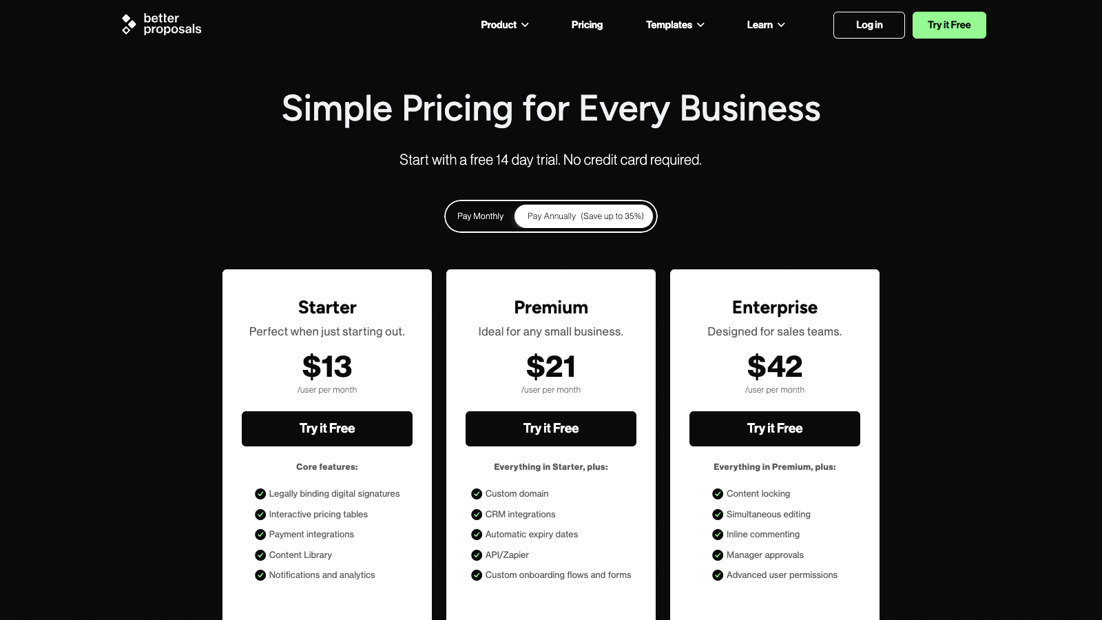 Better Proposals pricing page with Starter, Premium and Enterprise plans