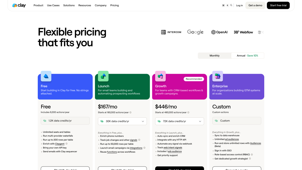 Clay pricing page