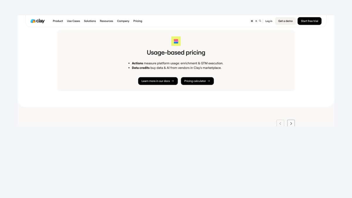 Clay usage-based pricing page explaining Actions and Data Credits