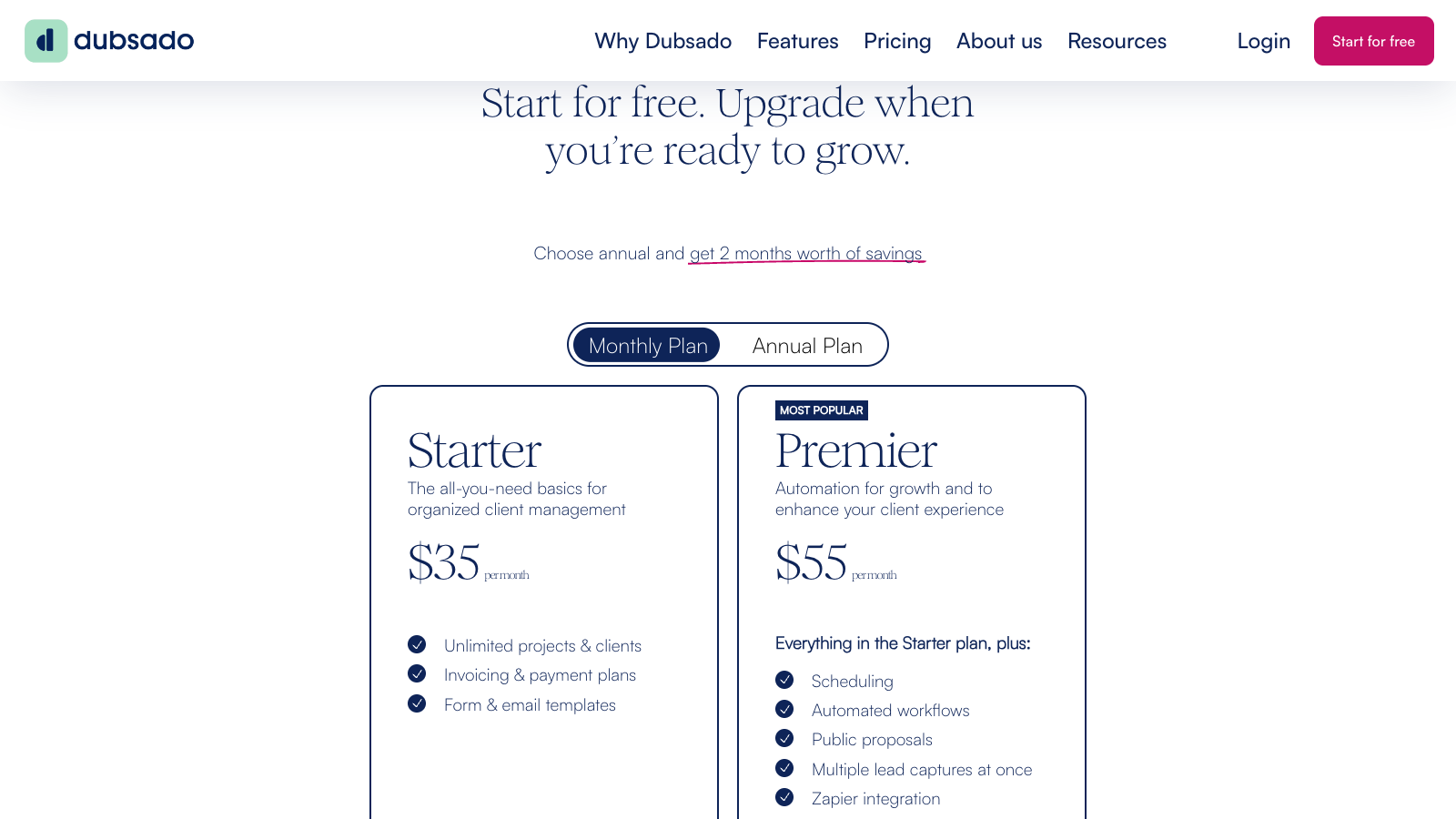 Dubsado pricing page with Starter and Premier plans