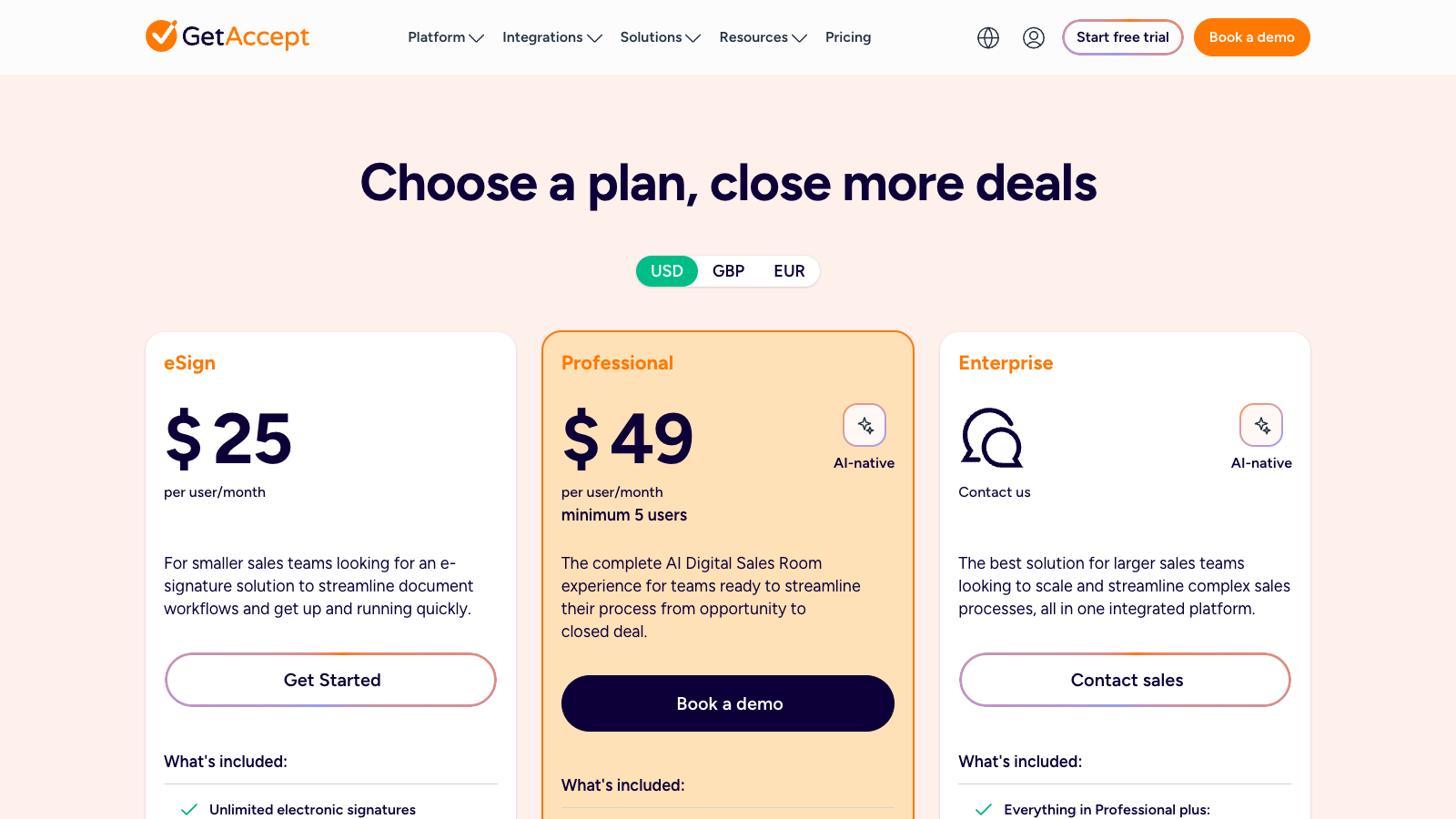 GetAccept pricing page