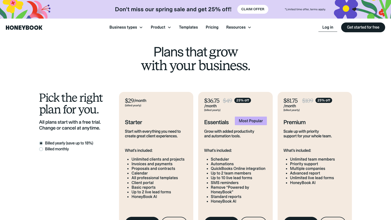 HoneyBook pricing page with Starter, Essentials and Premium plans