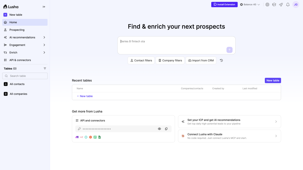 Lusha dashboard and credit balance