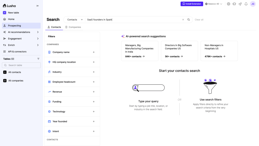 Lusha prospecting search filters