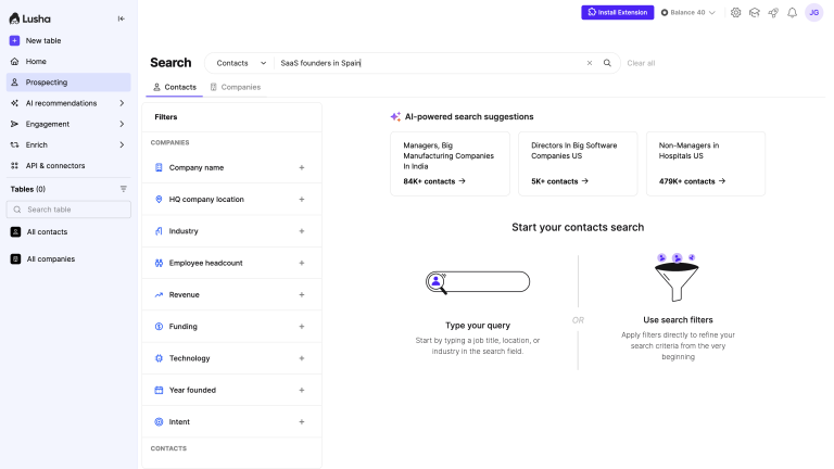 Lusha prospecting search filters