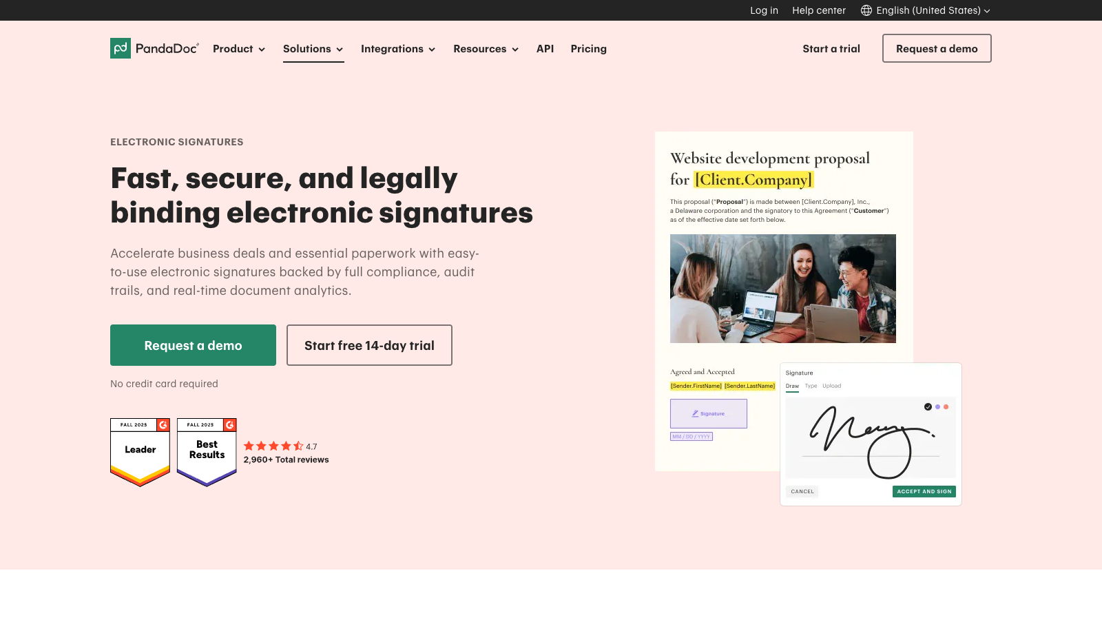 PandaDoc electronic signature landing page showing a signing flow