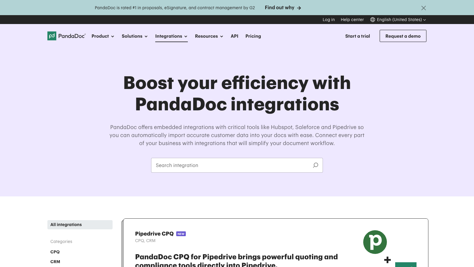 PandaDoc integrations landing page showing CRM and workflow integrations