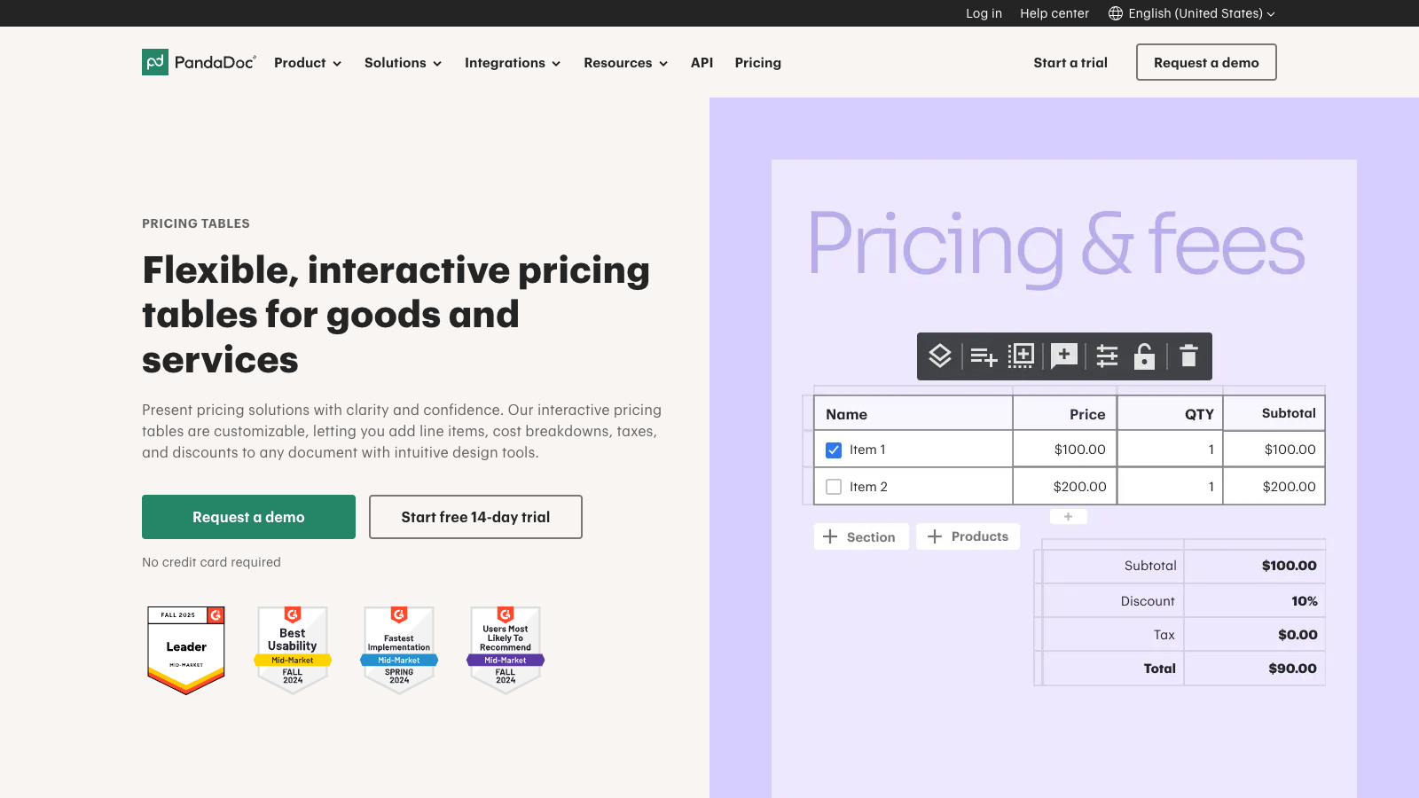 PandaDoc pricing tables landing page showing interactive pricing and fees