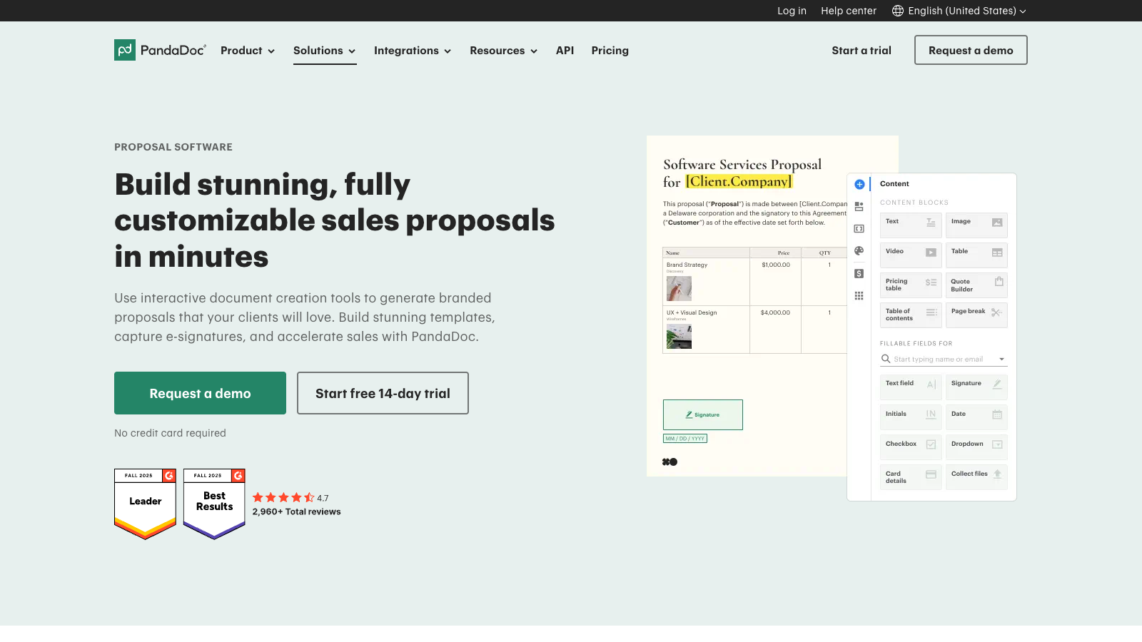 PandaDoc proposal software landing page showing proposal editor and content blocks