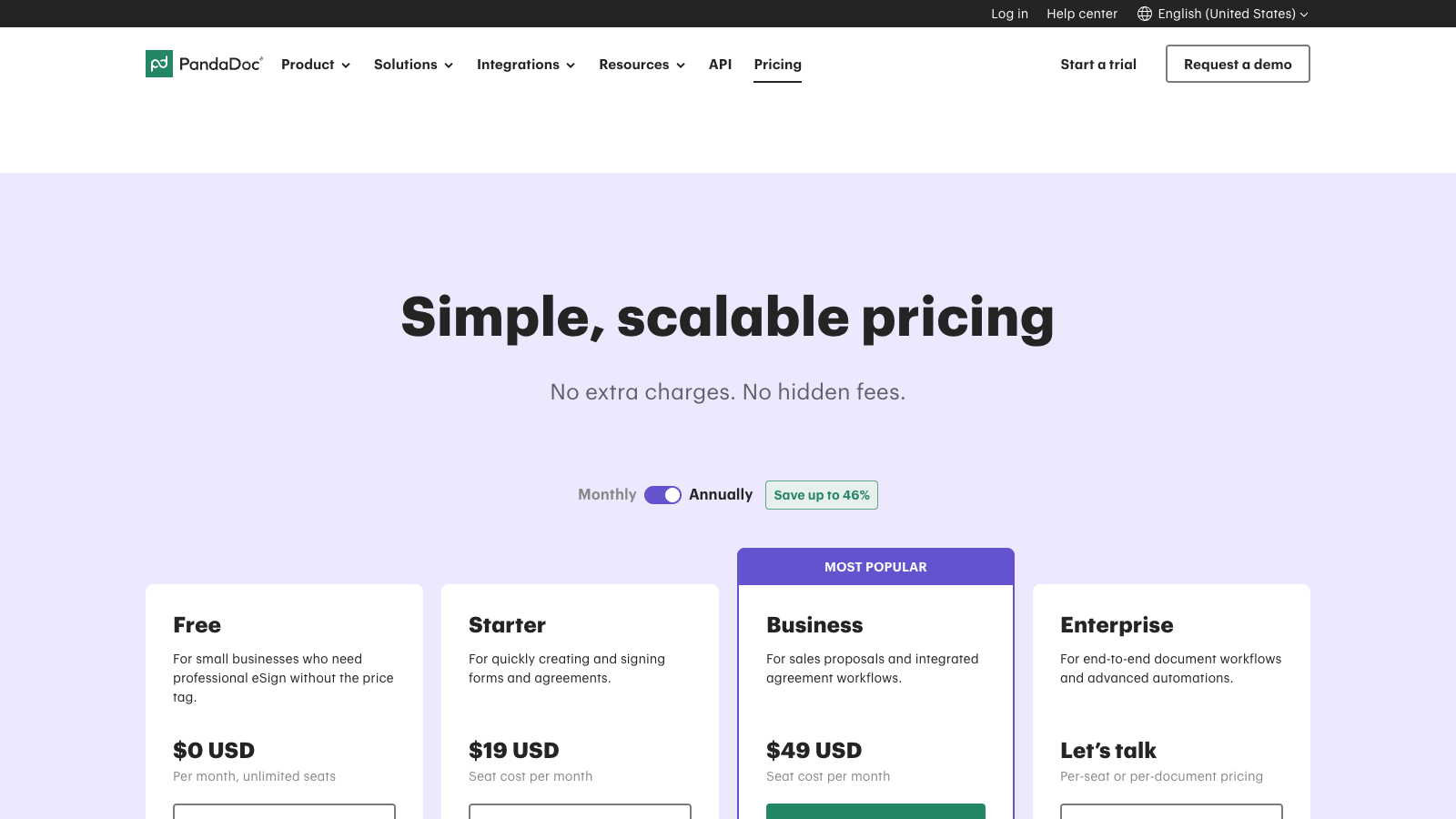 PandaDoc pricing page with Free, Starter, Business and Enterprise plans