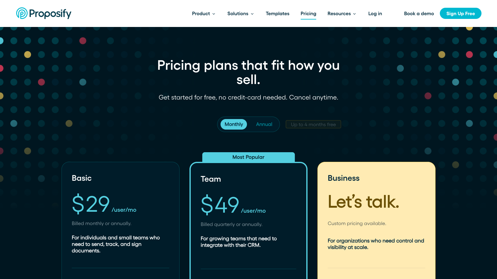 Proposify pricing page with Basic, Team and Business plans