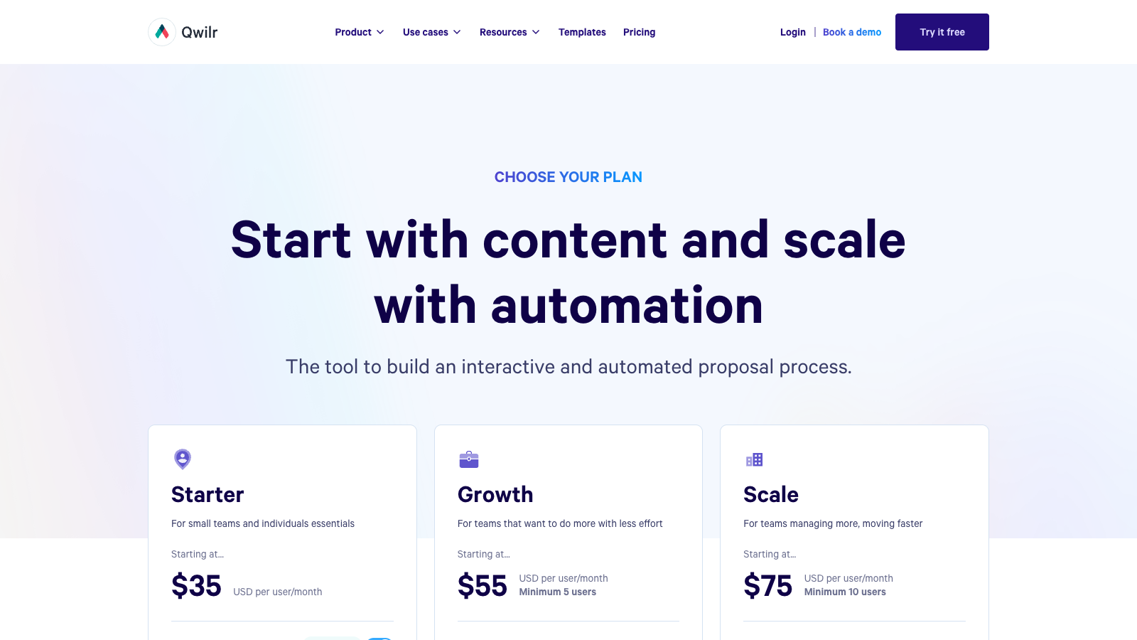 Qwilr pricing page