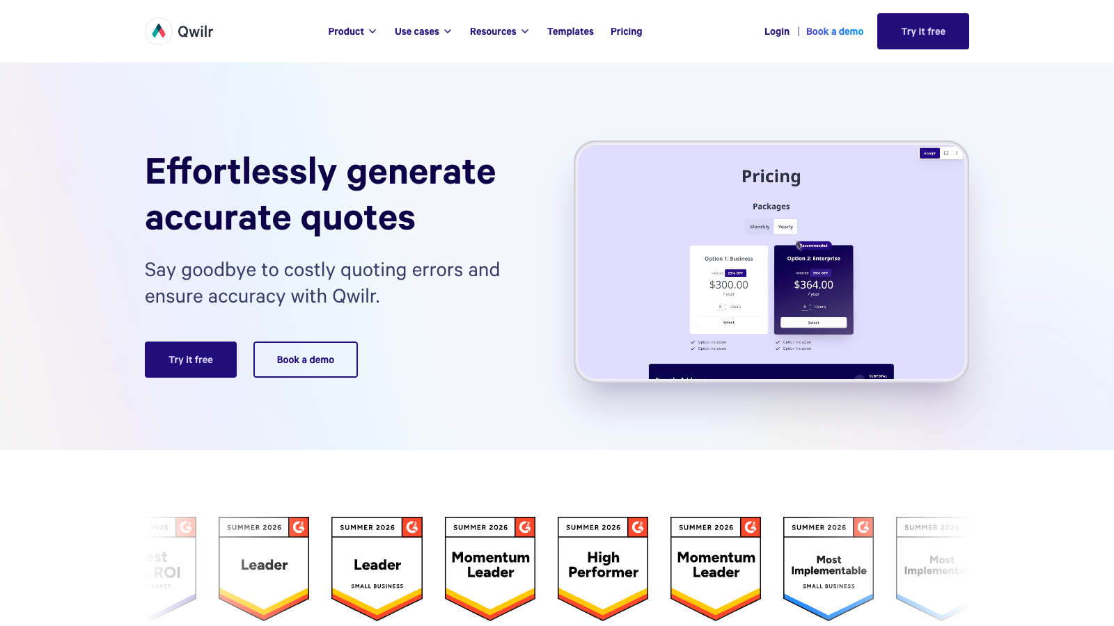 Qwilr quoting software page